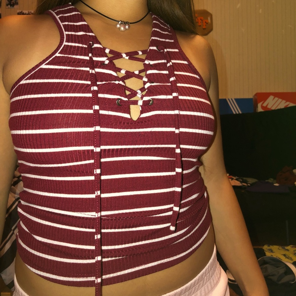 Maroon striped lace up racerback tank top